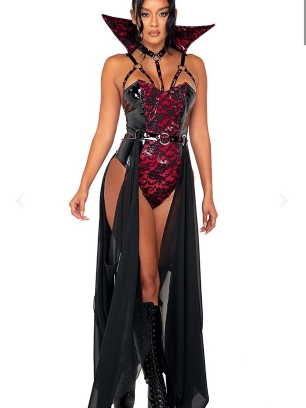 Red Lace and Black Sheer Panel Gothic Evening Dress